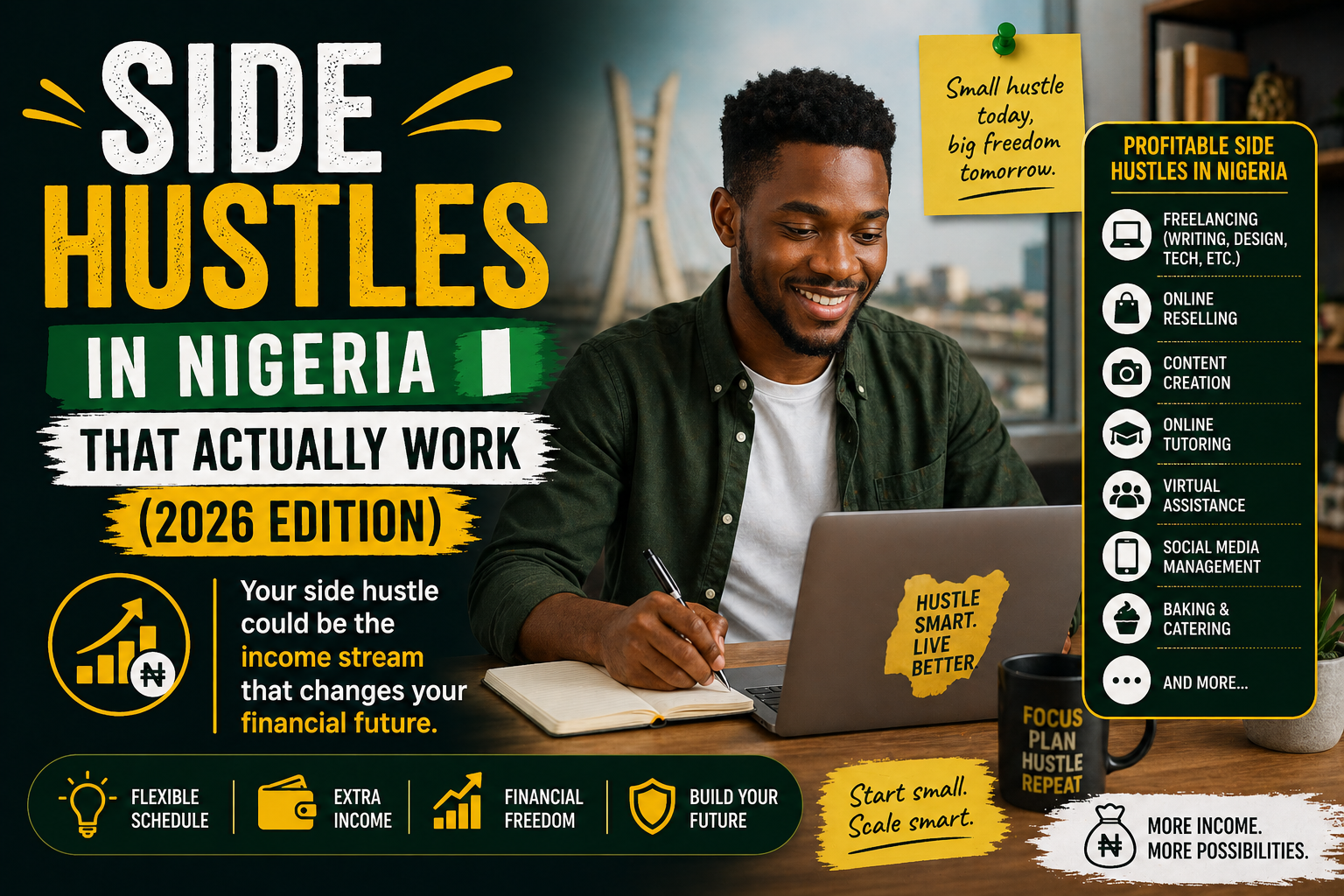 Side hustles in Nigeria 2026 illustration showing young Nigerians earning income online and offline using phones and small businesses