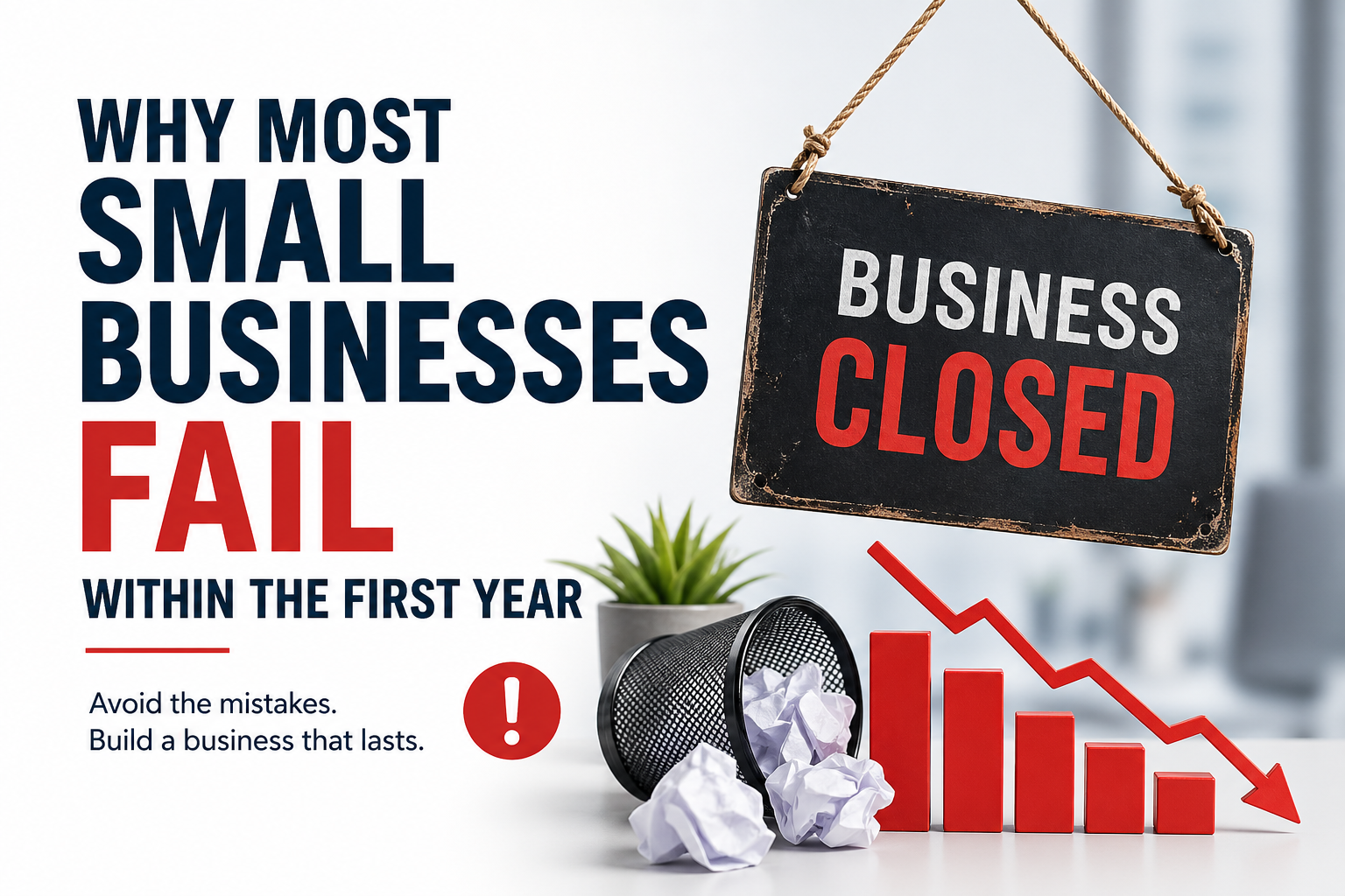 Why most small businesses fail within the first year with business closed sign and declining sales graph