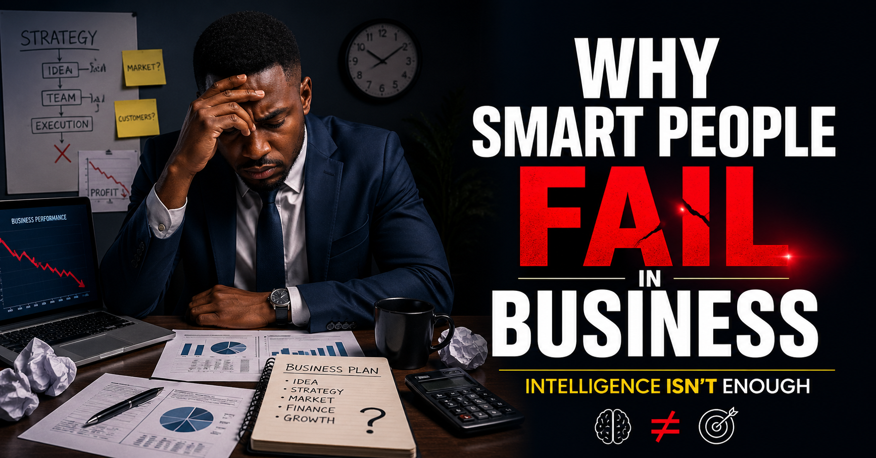 Smart businessman looking frustrated at a desk with charts and failed business plans, illustrating why smart people fail in business despite intelligence.