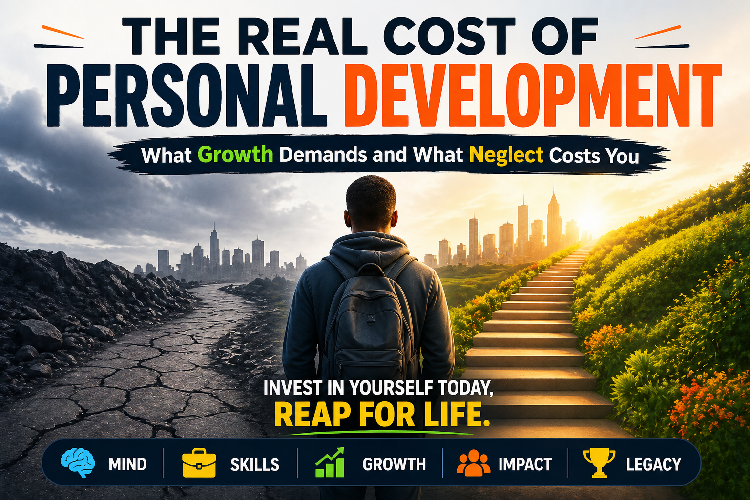Motivational feature image showing a person standing between a dark broken road and a bright staircase symbolizing the choice between stagnation and personal growth, with the text “The Real Cost of Personal Development.”