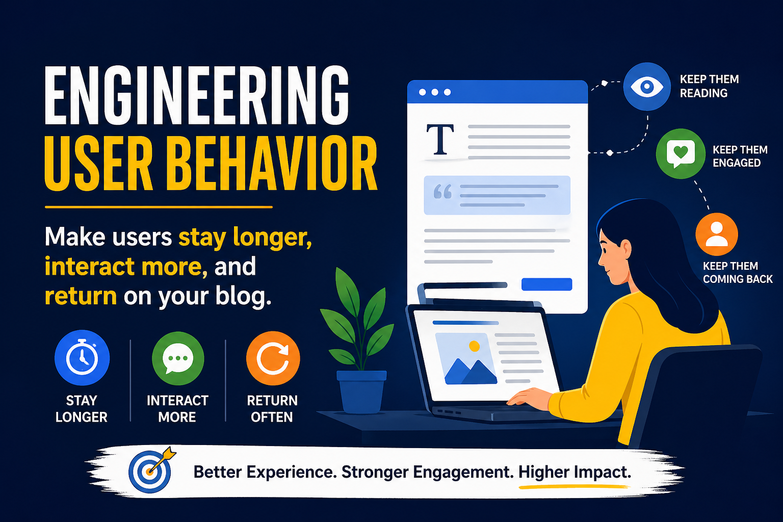 Illustration of a person engaging with a blog on a laptop, highlighting user engagement strategies like staying longer, interacting more, and returning