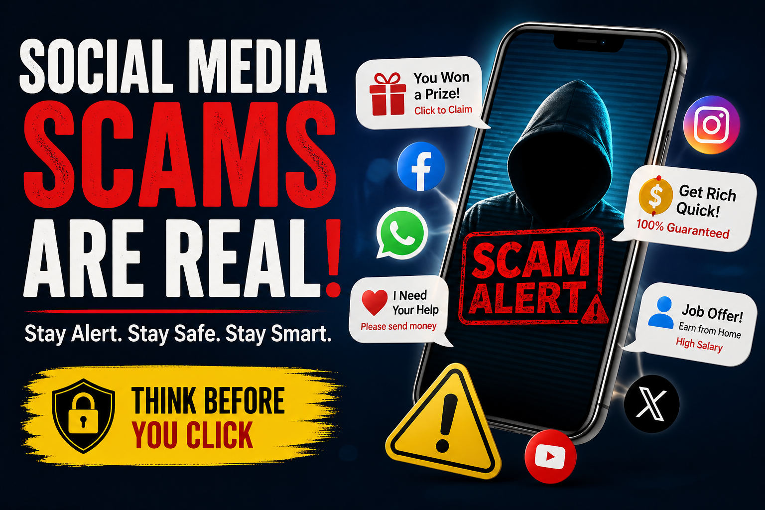Illustration showing social media scam alerts, fake giveaways, phishing messages, and online fraud warning signs on a smartphone screen.