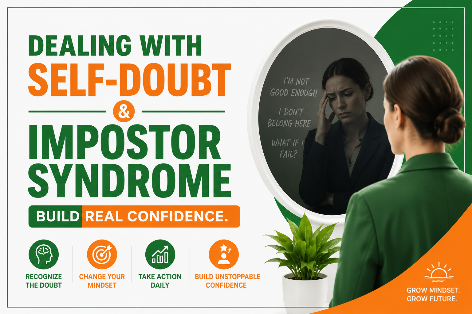 Professional feature image about overcoming self-doubt and impostor syndrome with a woman facing her reflection and confidence-building motivational text in green, orange, and white branding.