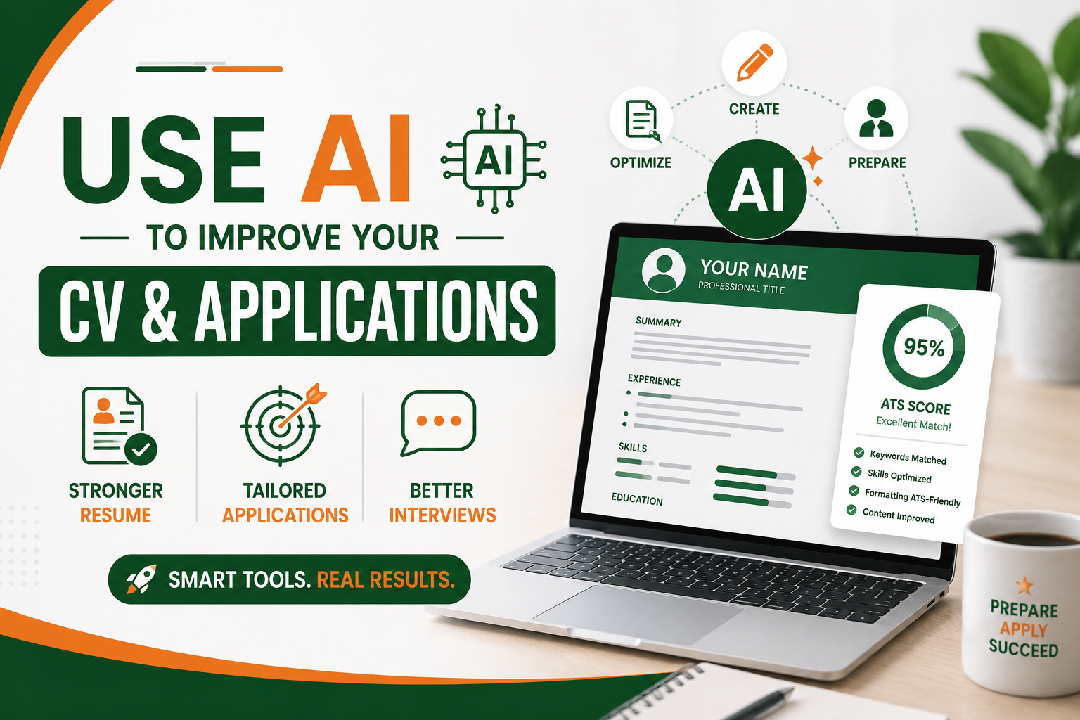 Professional feature image showing AI-powered resume optimization, ATS scoring, and job application improvement tools in green, orange, and white brand colors.