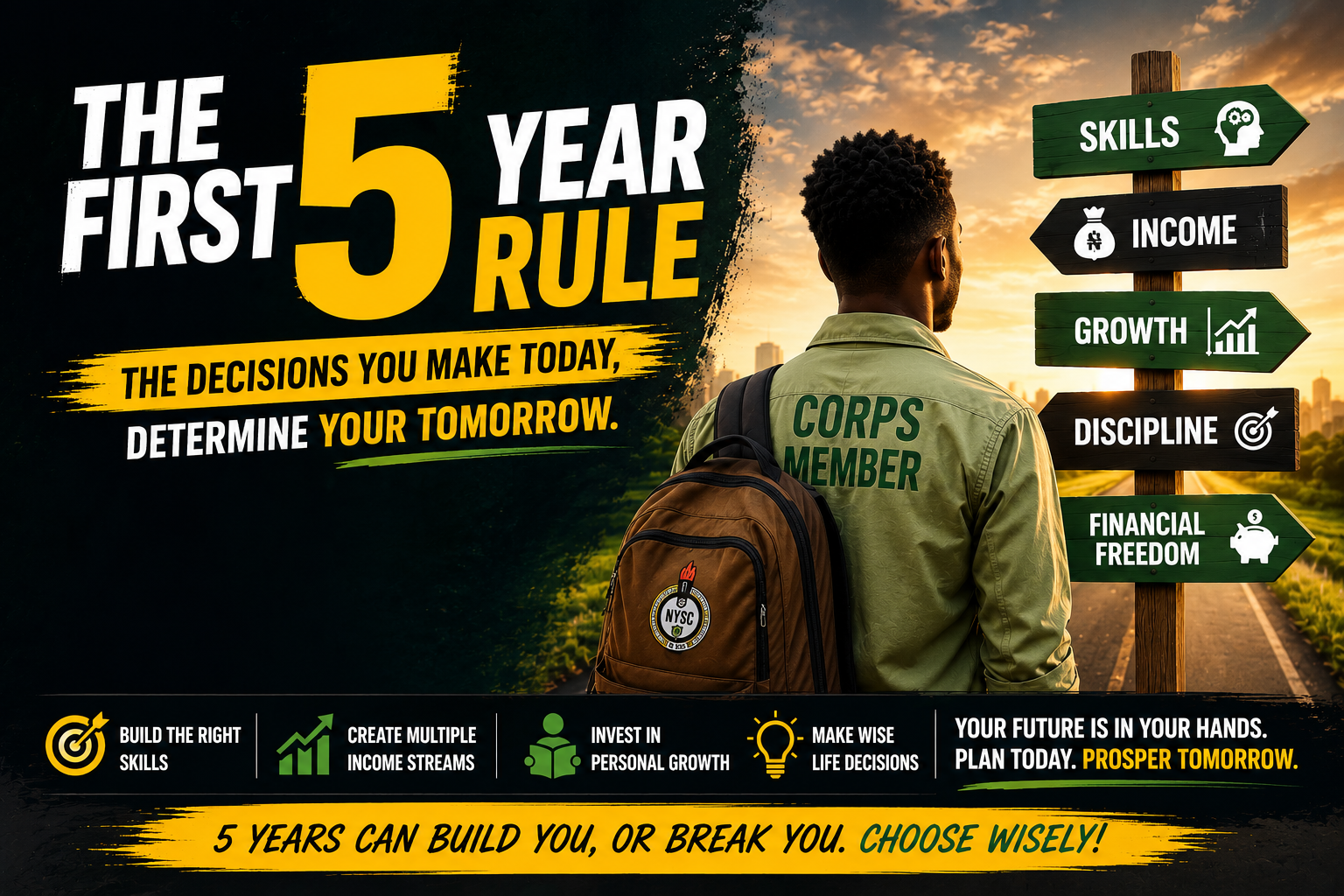 A motivational feature image showing a corps member facing a future pathway with signposts representing skills, growth, discipline, income, and financial freedom.